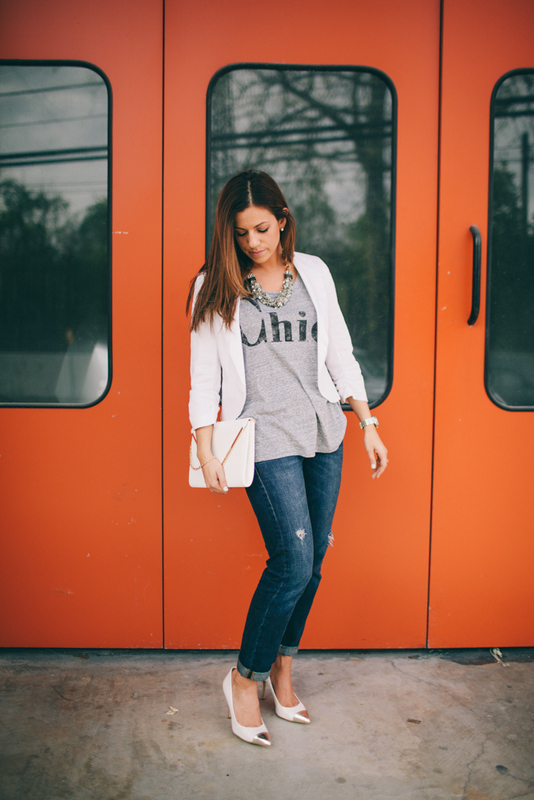 Jaime Cittadino, chic tee, tee and blazer, Metal cap heels