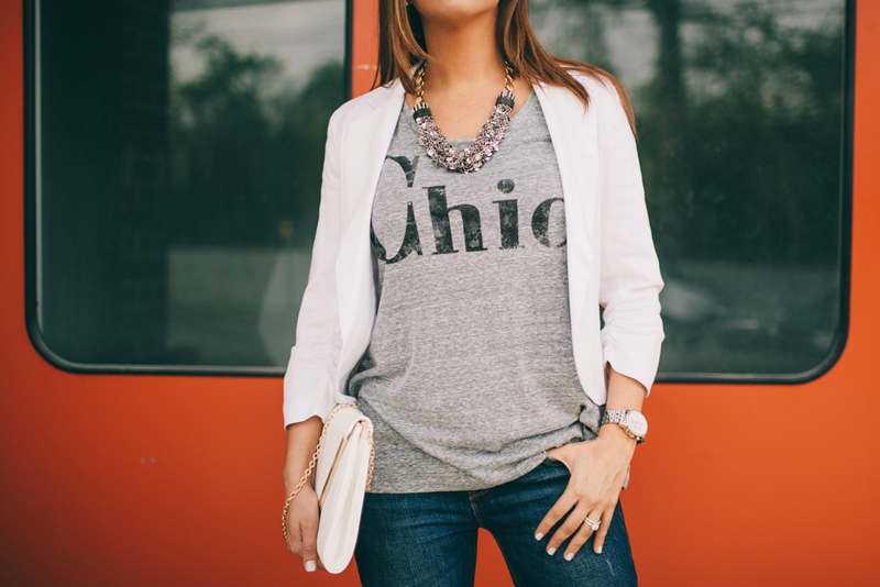 White Blazer and Tee, Chic Tee, How to wear a tee shirt and blazer, Jaime Cittadino, Sunflowers and Stilettos