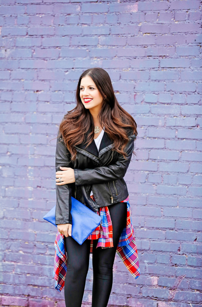 Leather Jacket and Plaid Top