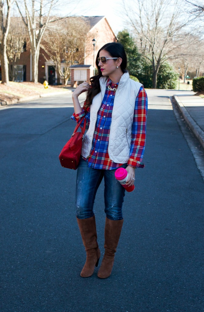 plaid shirt with bubble vest