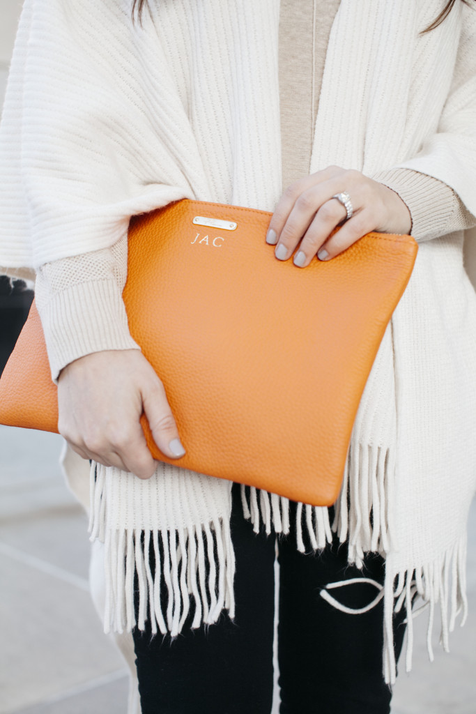 orange Gigi New York uber clutch worn by Jaime Cittadino of Sunflowers and Stilettos