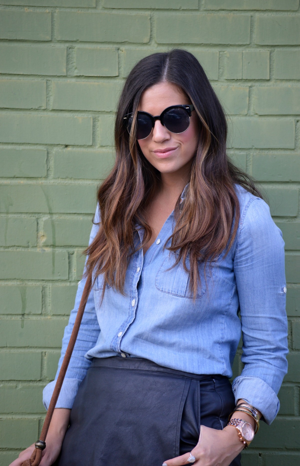 denim button down shirt, leather skort, leather skirt