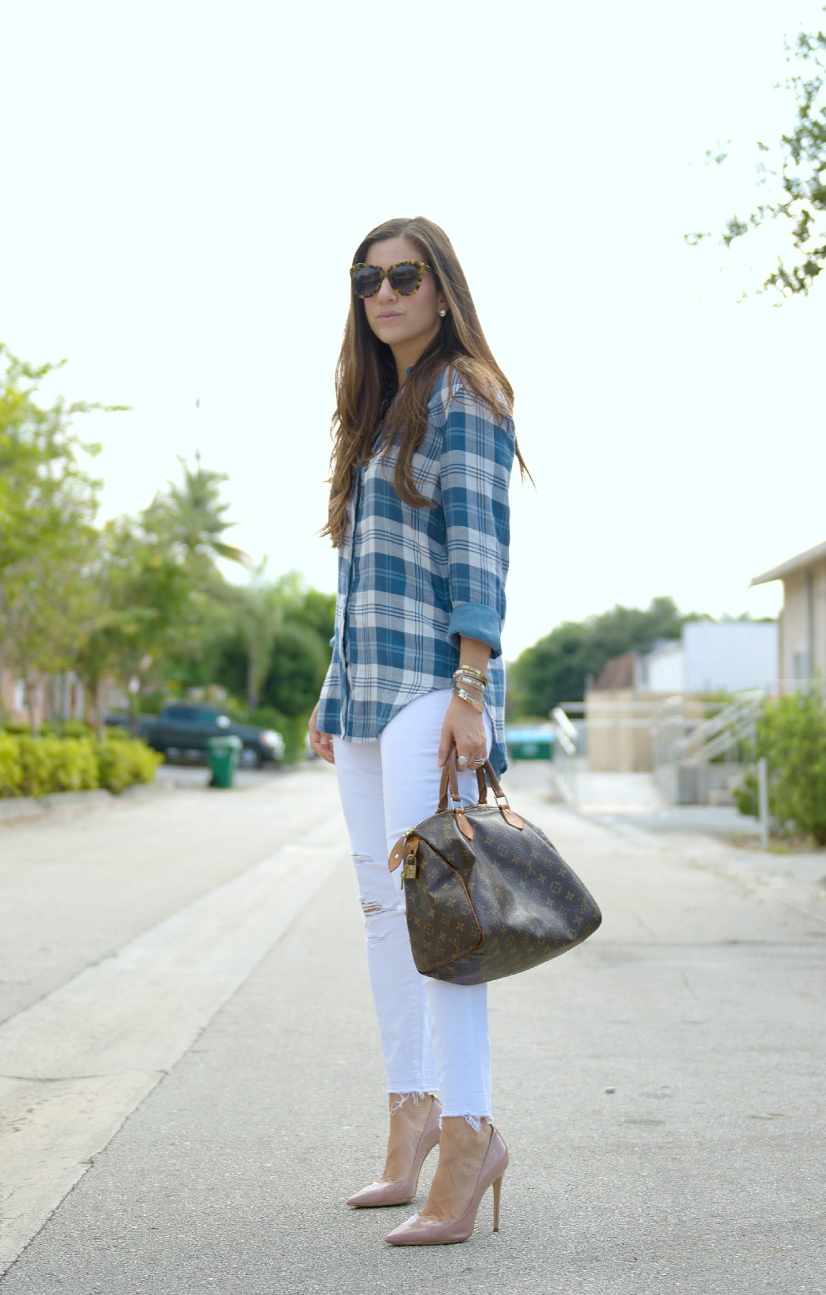 blue plaid with white jeans, white after labor day, jaime cittadino, sunflowers and stilettos