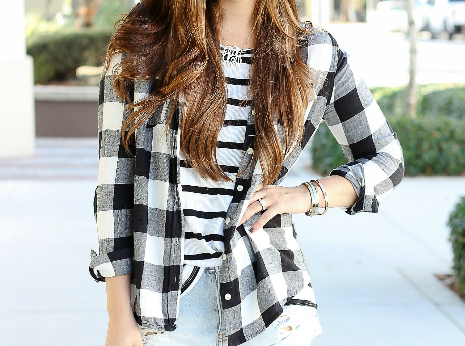 black and white buffalo plaid and stripes, layering for Fall