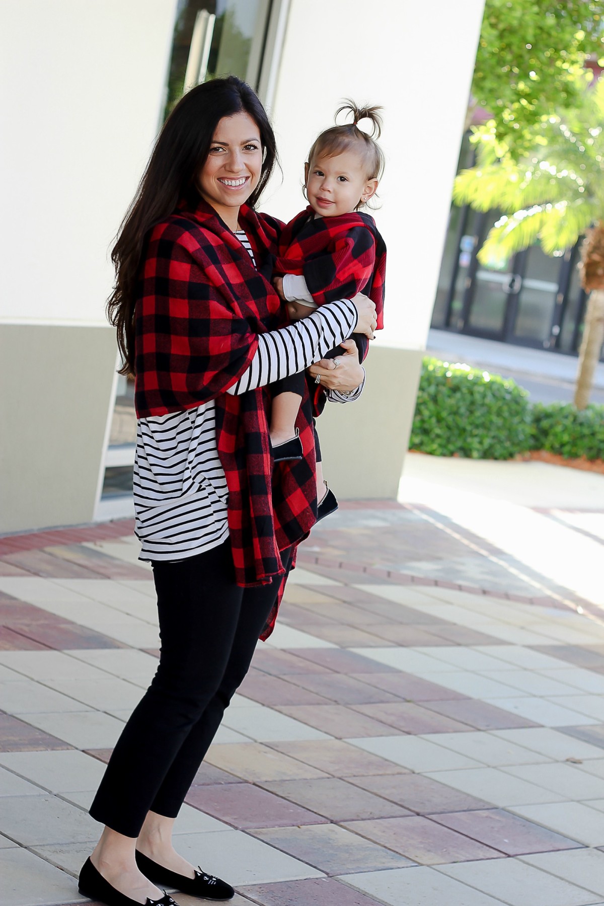 buffalo check scarf, buffalo check poncho, buffalo check and stripes outfit