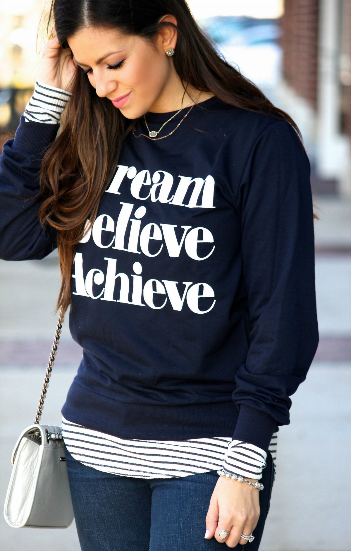 Dream Believe Achieve sweatshirt, how to dress up a sweatshirt