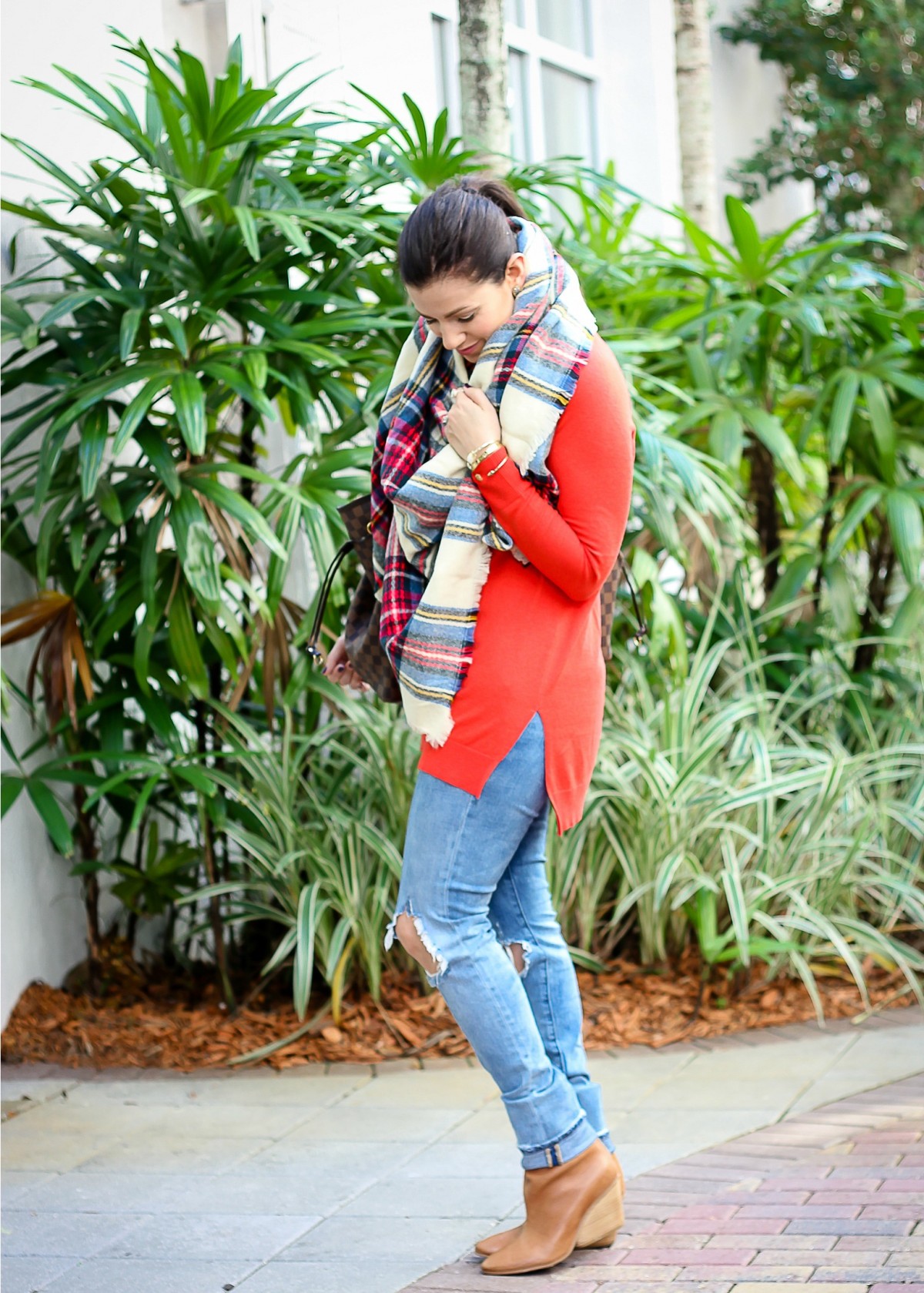 Blank NYC distressed denim, cute winter outfit, casual mom on the go look