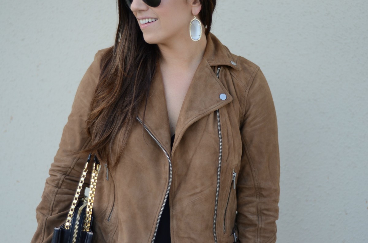 Kendra Scott Danielle earrings, brown leather biker jacket