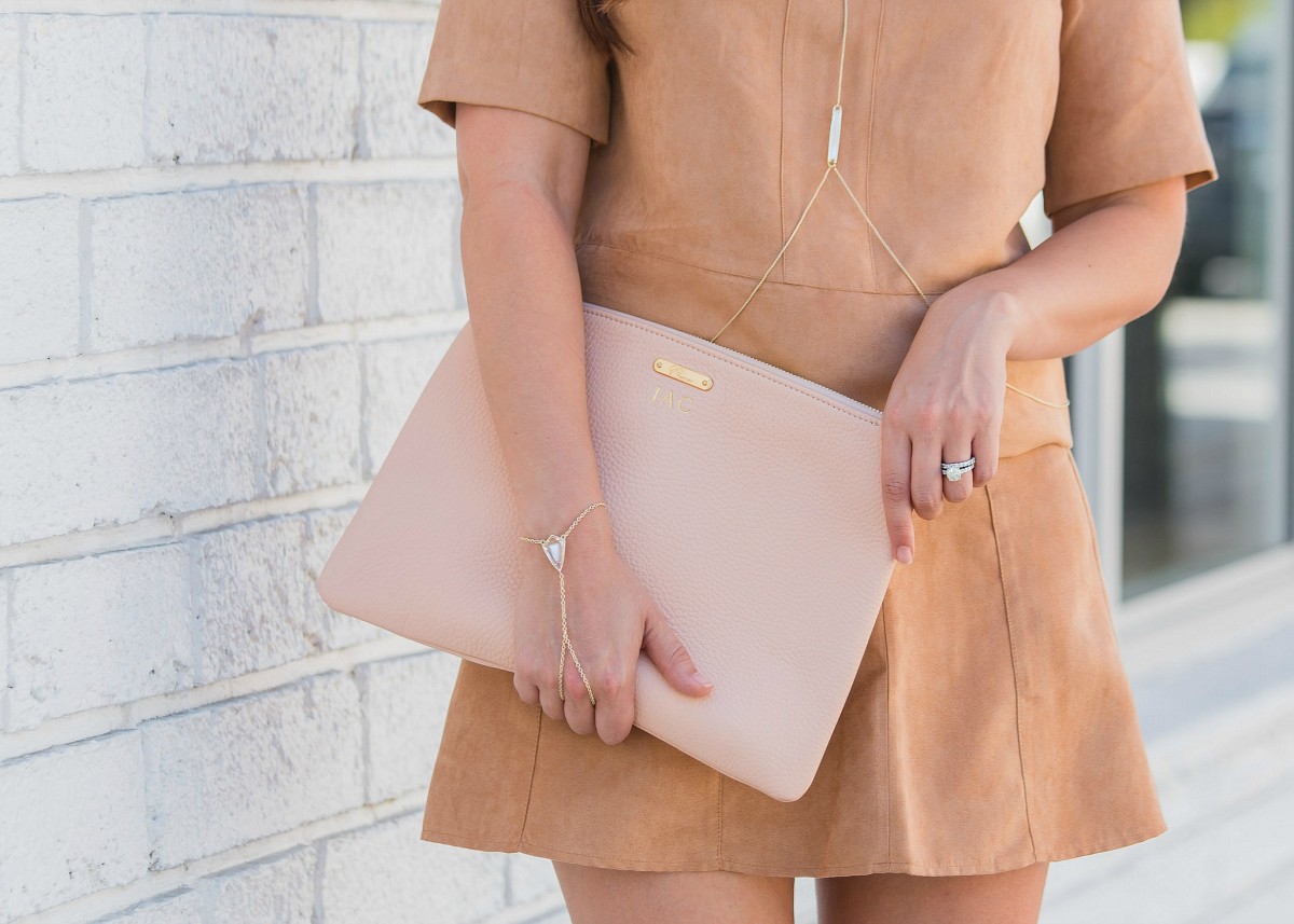 tan suede skirt set, gigi new york clutch