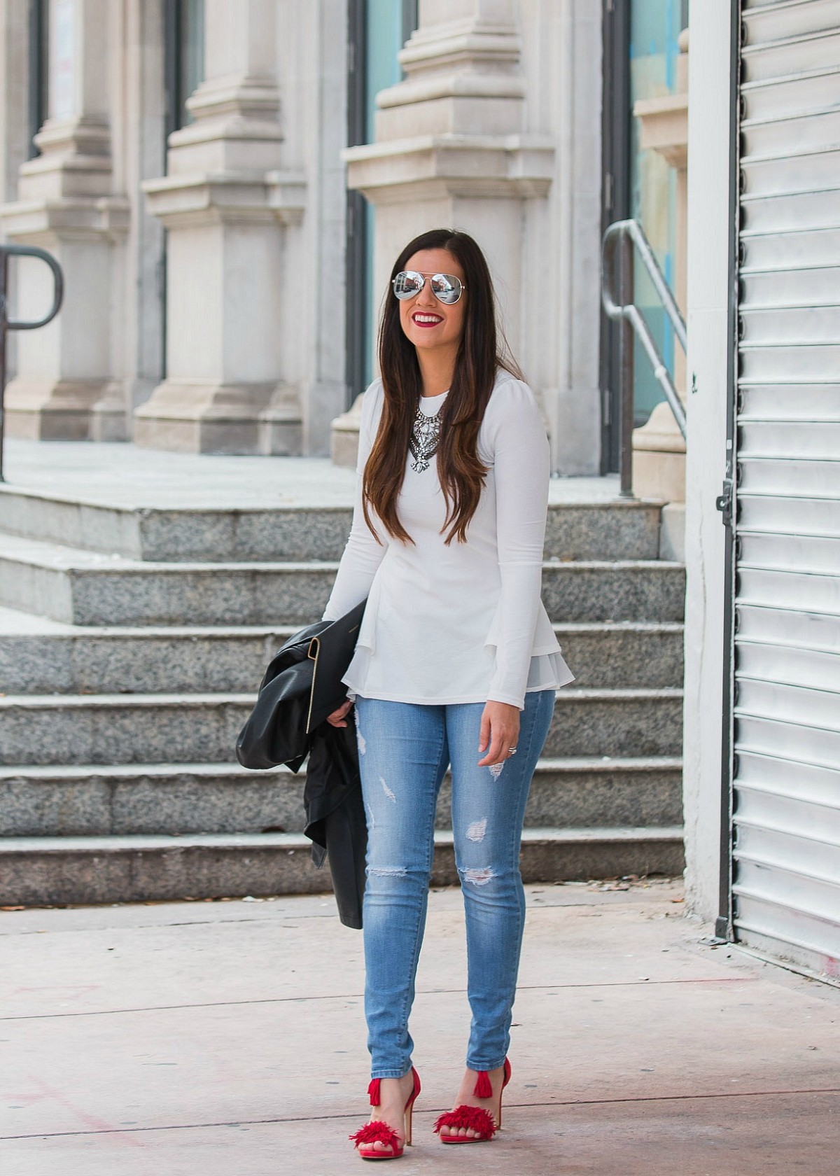 white long sleeve peplum top