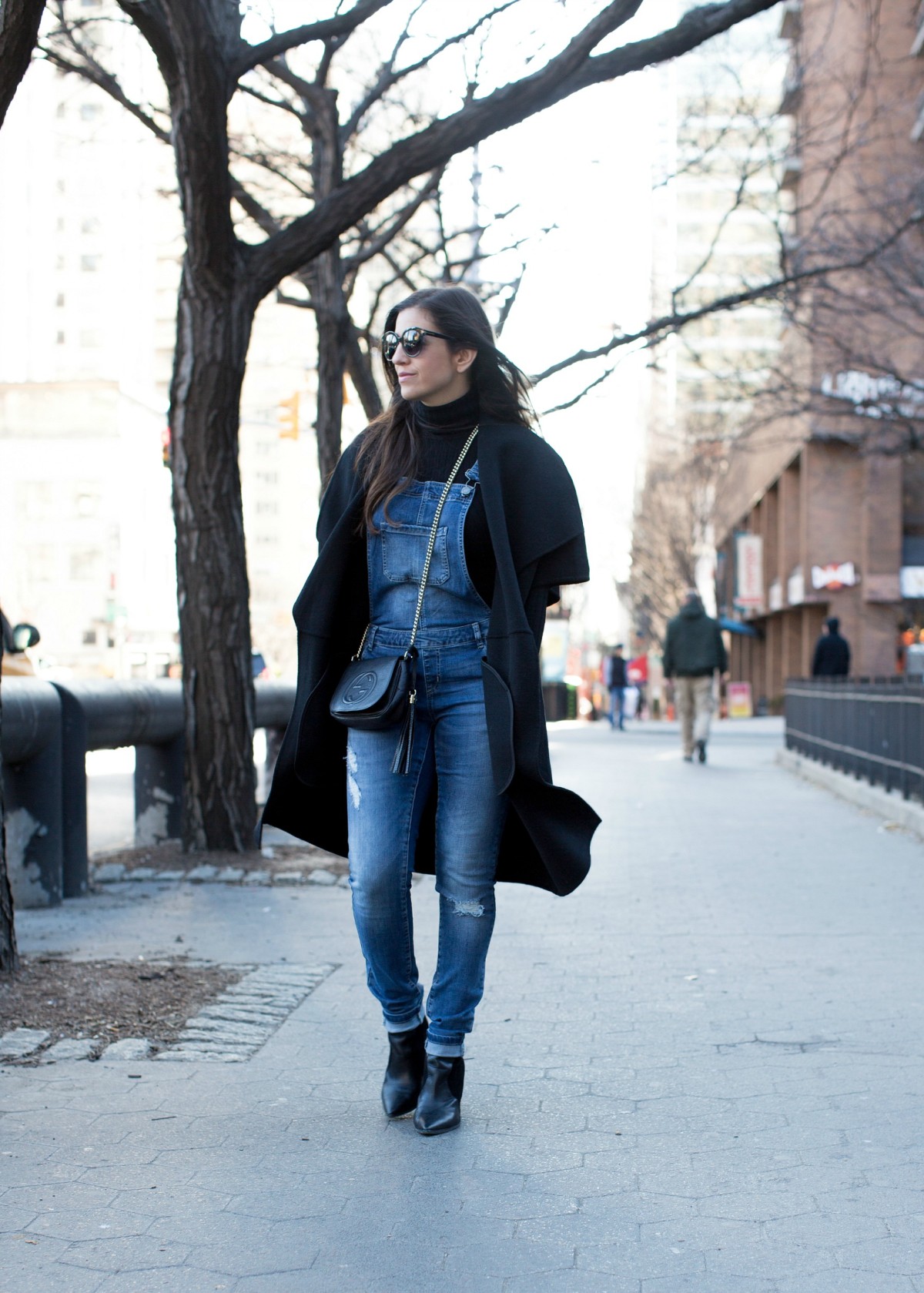 NYC street style, wearing overalls in the winter,