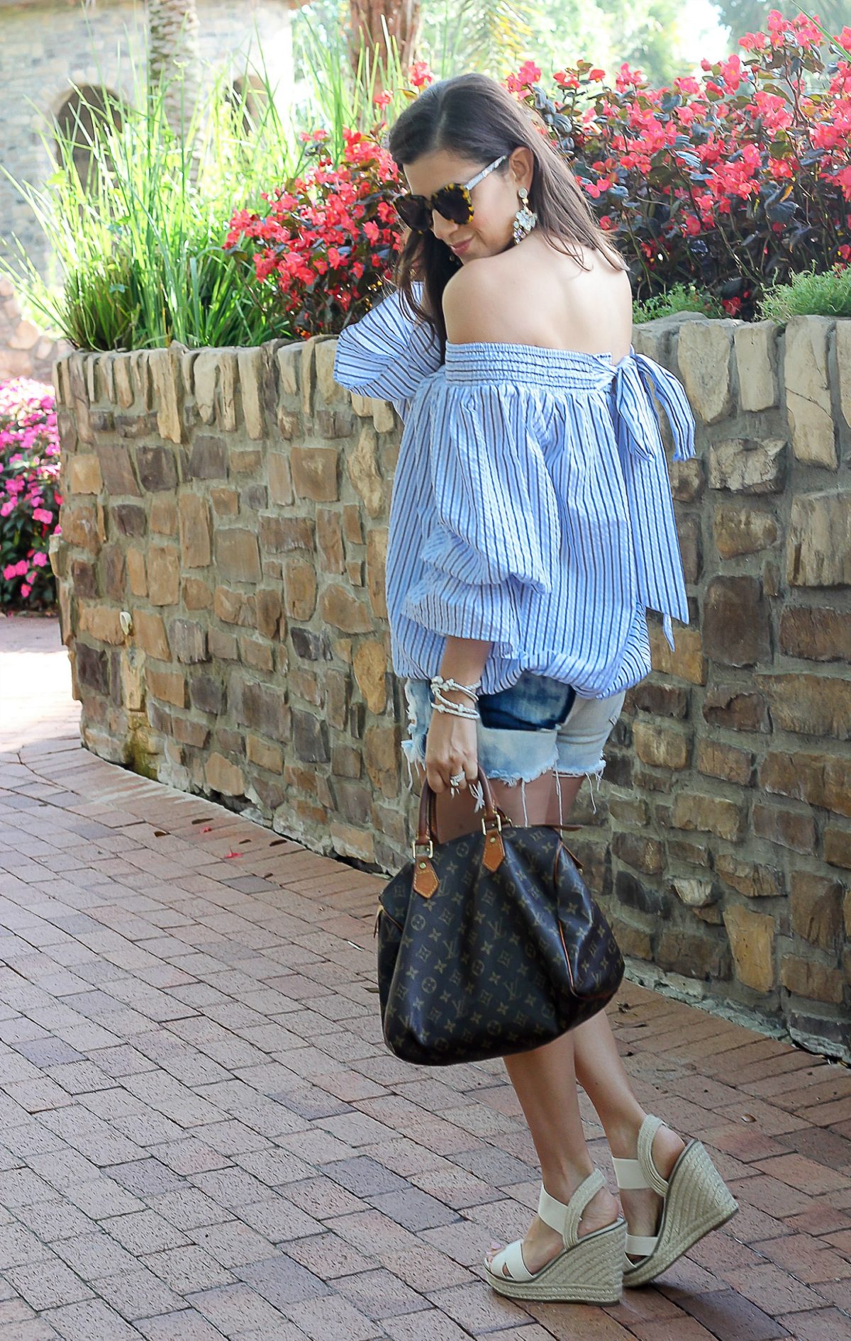 Pastel Blue Stripes Off-shoulder Top with Bowknot