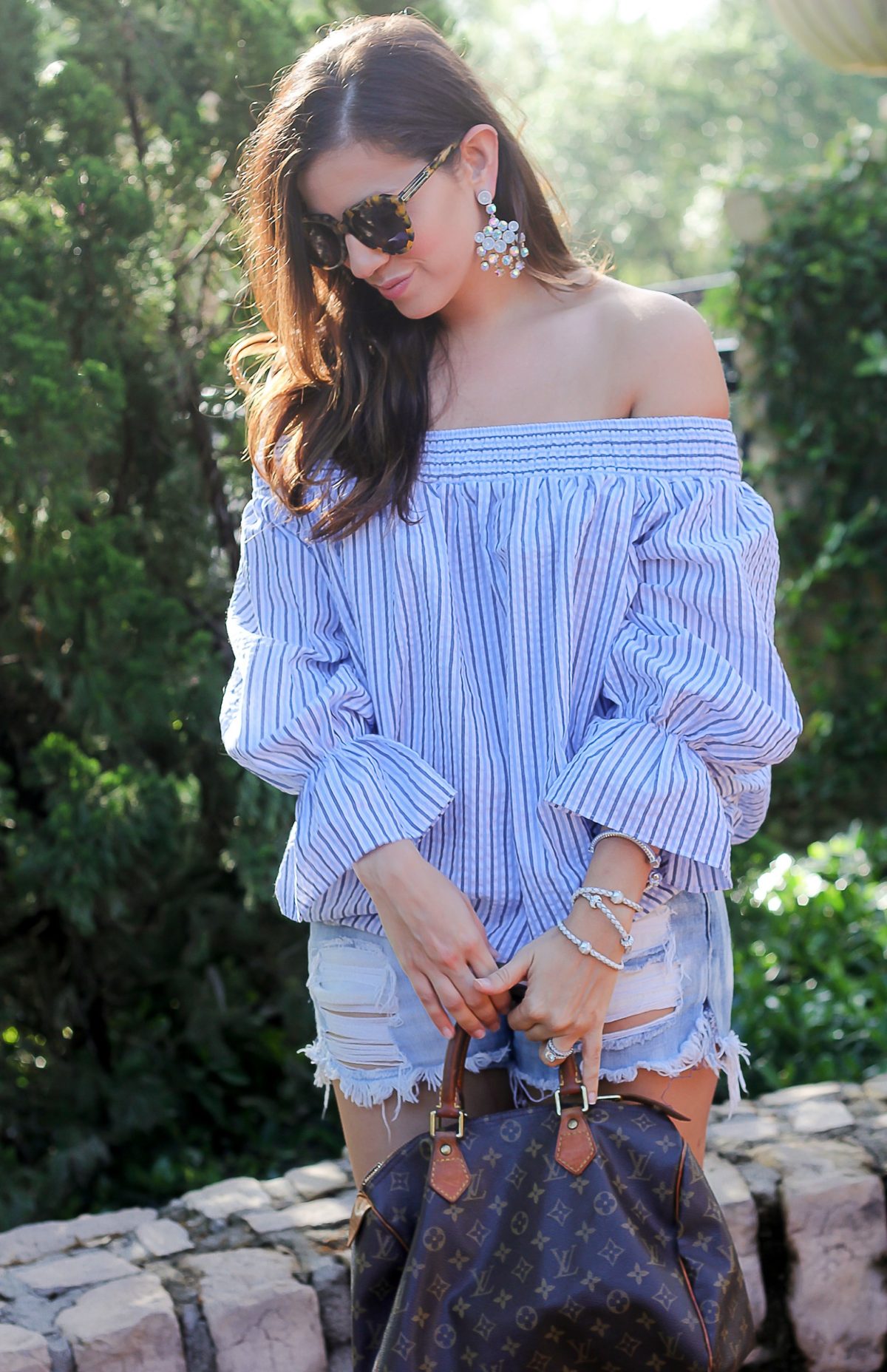 blue white stripe off shoulder top, chicwish off shoulder top, Jaime Cittadino, Sunflowers and Stilettos,