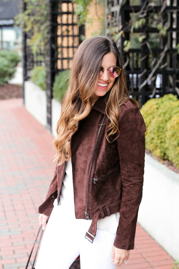 ASOS Brown Suede Moto Jacket worn by fashion blogger, Jaime Cittadino of Sunflowers and Stilettos