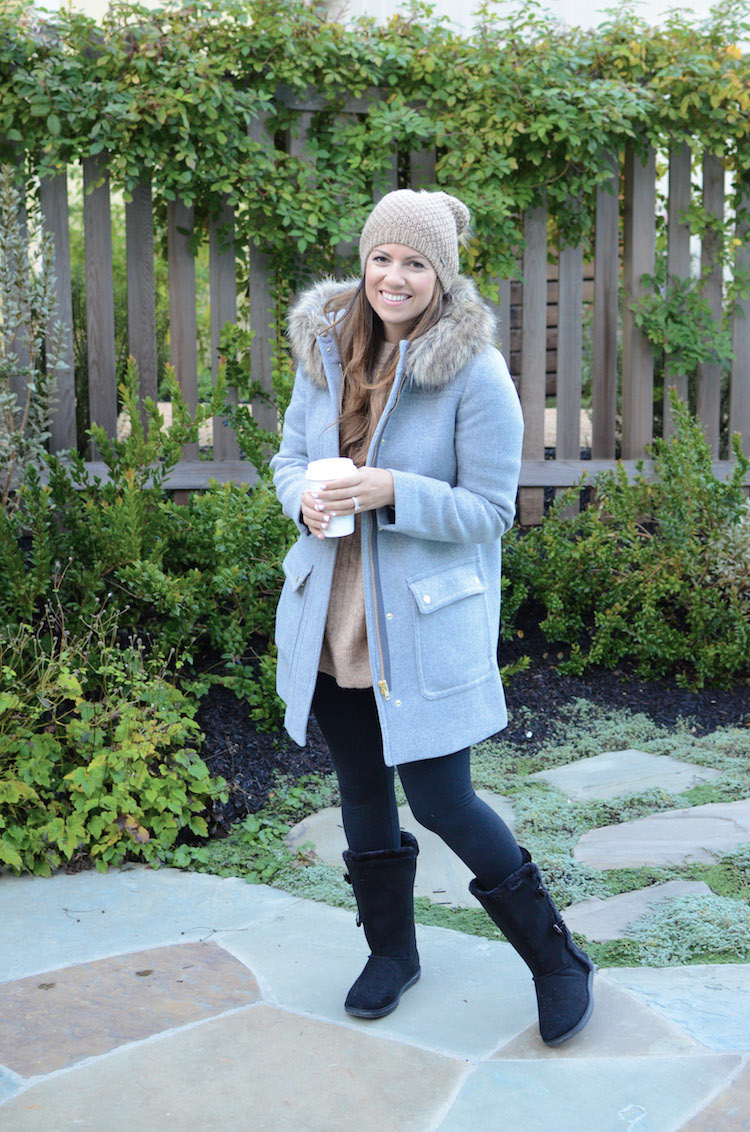 Fashion Blogger, Jaime Cittadino wearing a J Crew Factory Parka Coat at the Farmhouse Inn Sonoma California