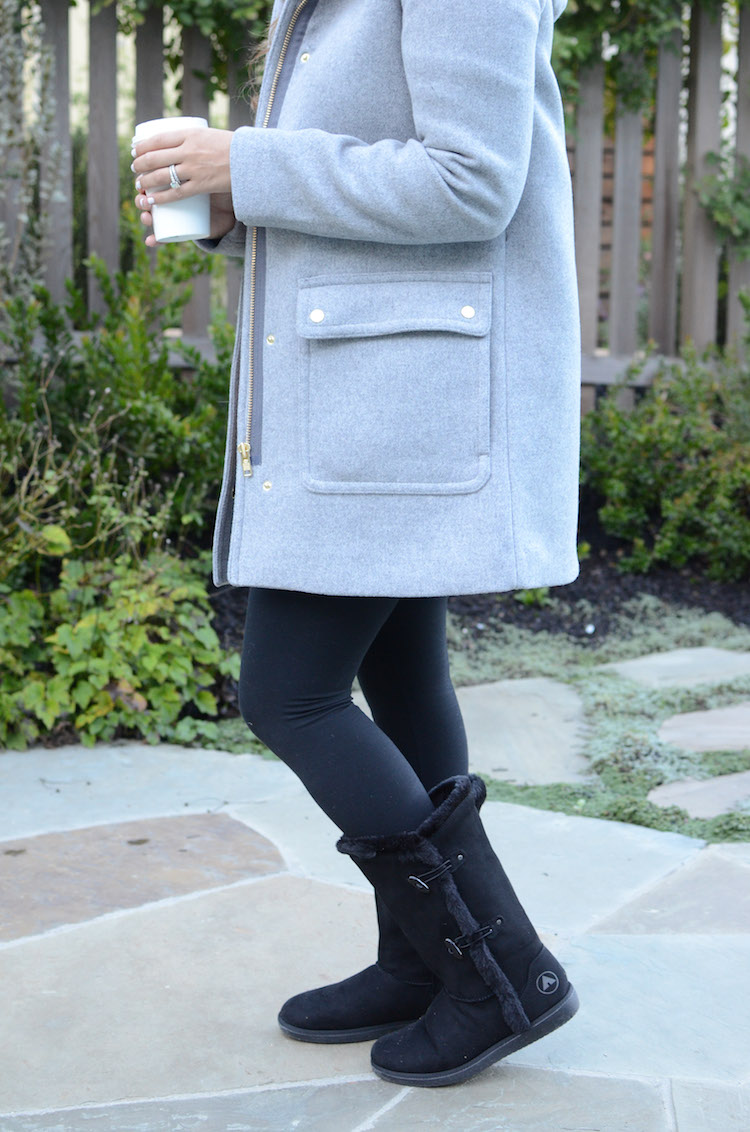 J Crew Coat, Payless Boots, Ugg Dupes