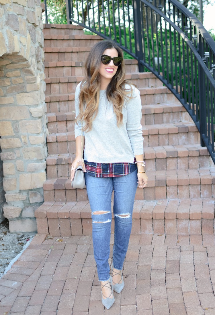 HEATHER GRAY SIDE SLIT CREWNECK RED PLAID SWEATER, Distressed Denim, Lace Up Pumps