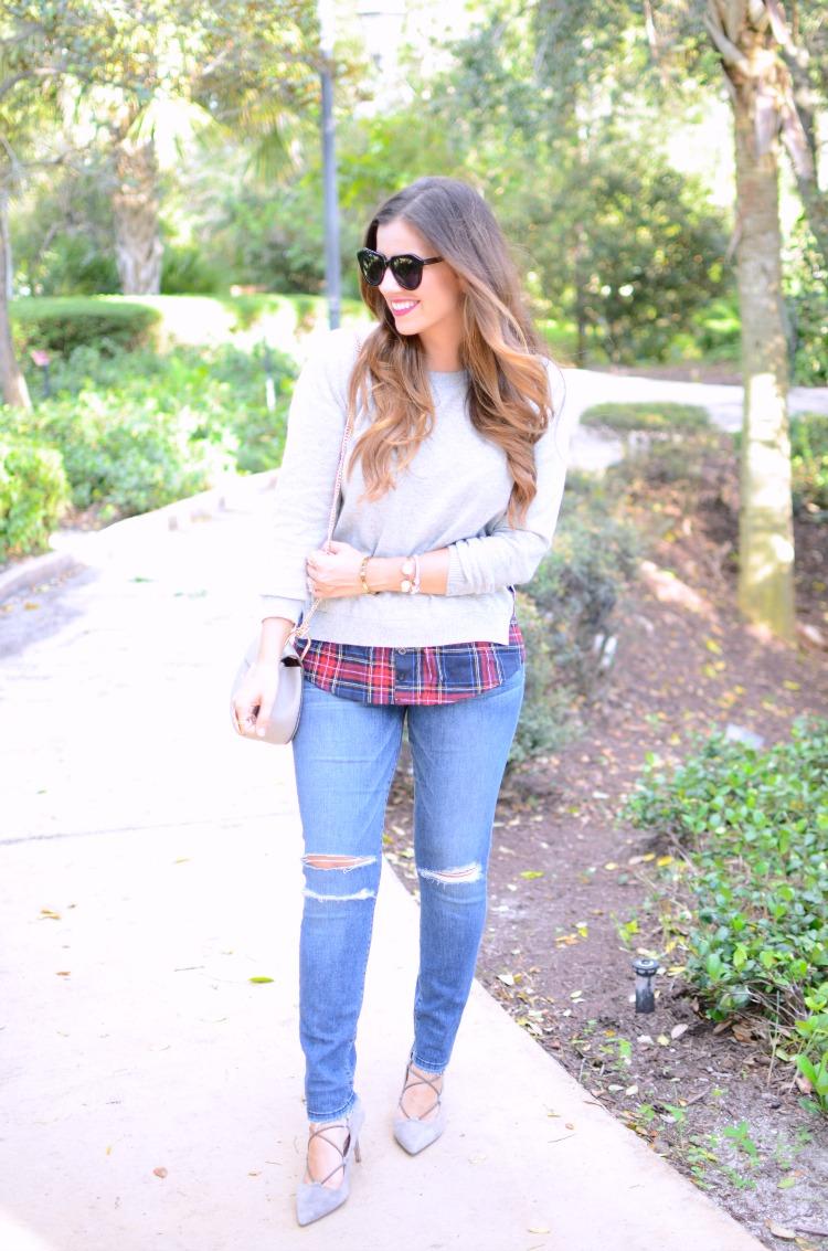 HEATHER GRAY SIDE SLIT CREWNECK RED PLAID SWEATER, Goodnight Macaroon Sweater