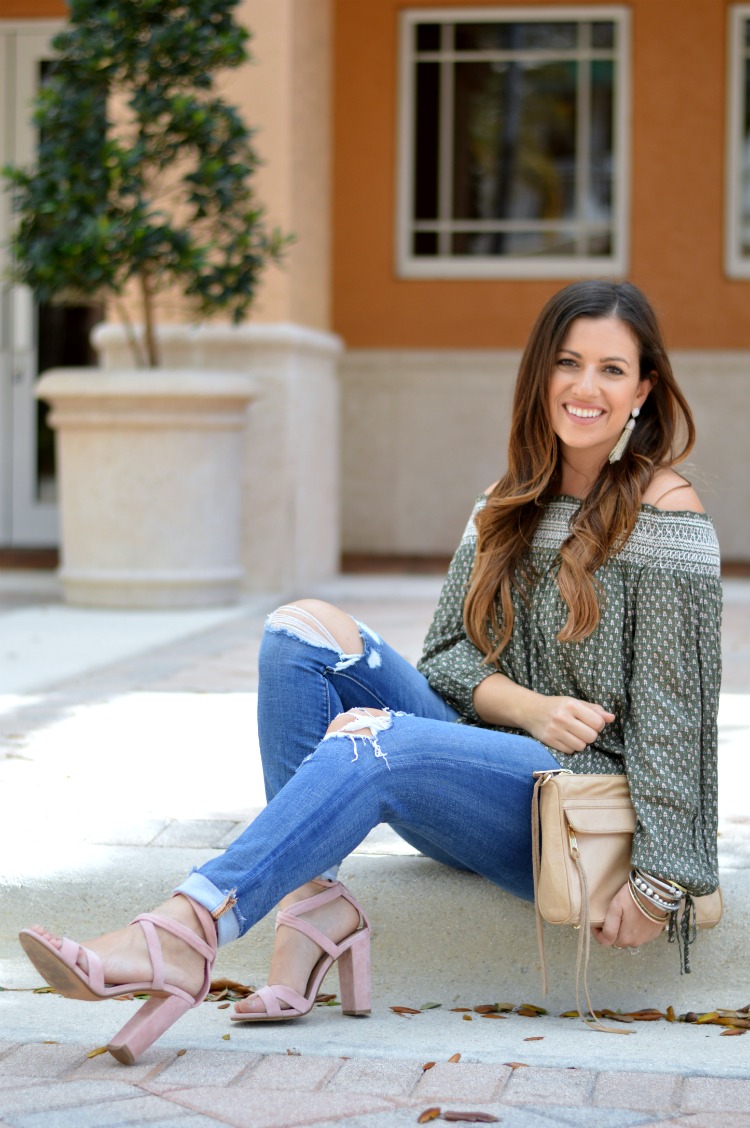 Abercrombie and Fitch olive embroidered off shoulder top worn by Fashion Blogger Jaime Cittadino of Sunflowers and Stilettos