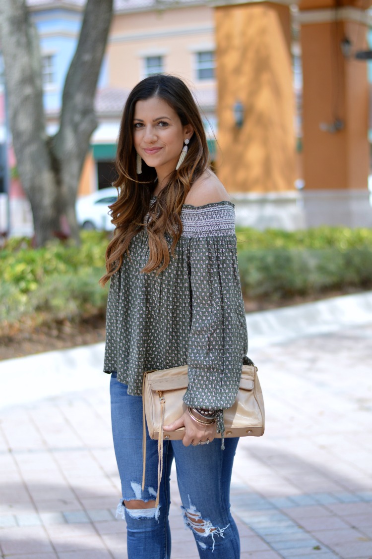 olive off shoulder top worn by Jaime Cittadino of Sunflowers and Stilettos fashion and lifestyle blog