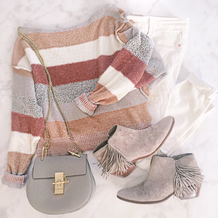 Free People striped sweater, best Chloe bag dupe, fringe Sam Edelman booties