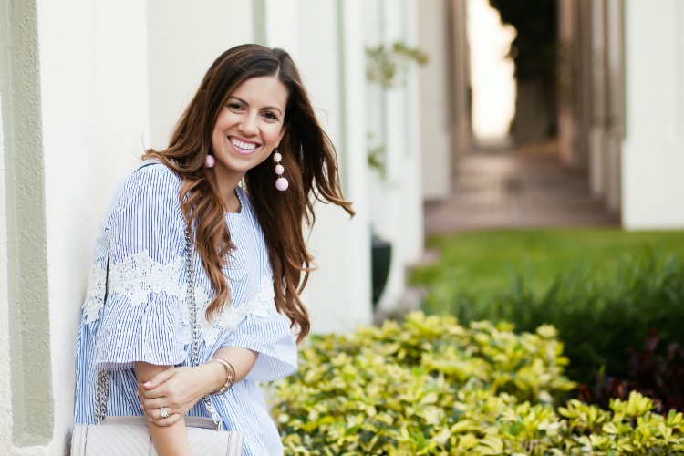 Floral on Stripe Dolly Top, Baublebar Pink Crispin Drops Earrings