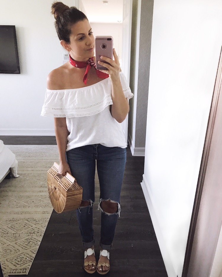 White Off Shoulder Top, Bandana Neck Scarf