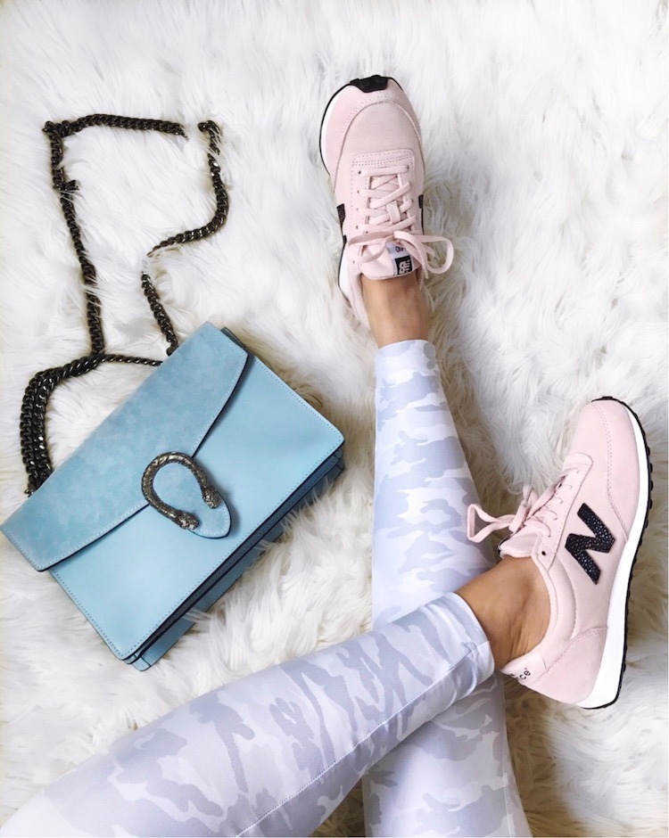 white camo leggings, pink New Balance