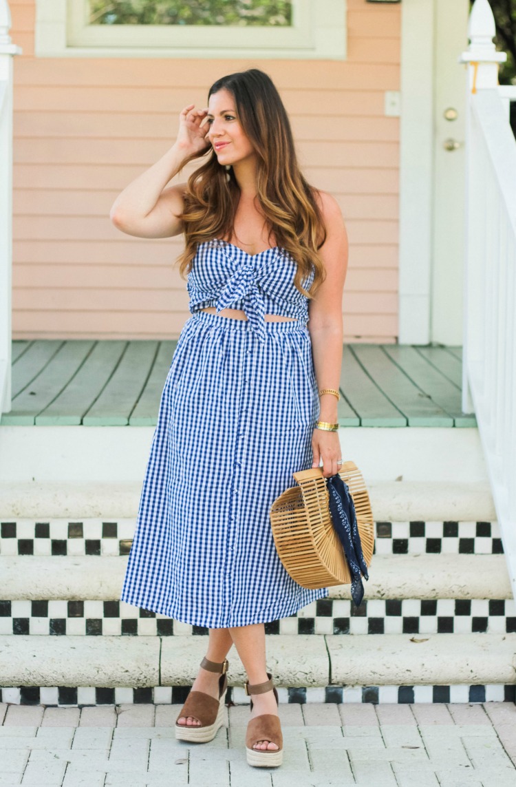 blue gingham midi dress worn by Fashion Blogger, Jaime Cittadino of Sunflowers and Stilettos in Delray Beach, Florida