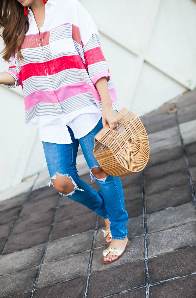 oversized stripe button down top _ Cult Gaia bag _ Levi's Distressed Denim Jeans