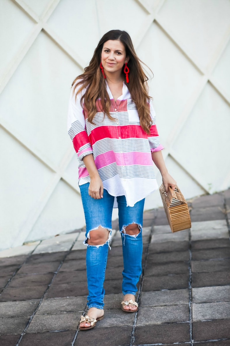 oversized button down shirt _Anthropologie striped button-down_Levi's distressed jeans