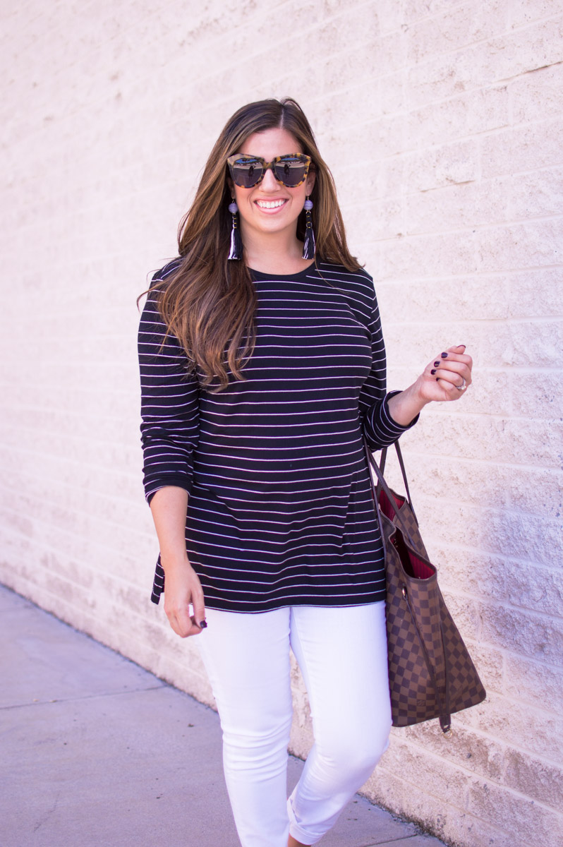 the perfect striped long sleeve top_ Karen Walker Number One Sunglasses_White Jeans after Labor Day_ Louis Vuitton GM Neverfull