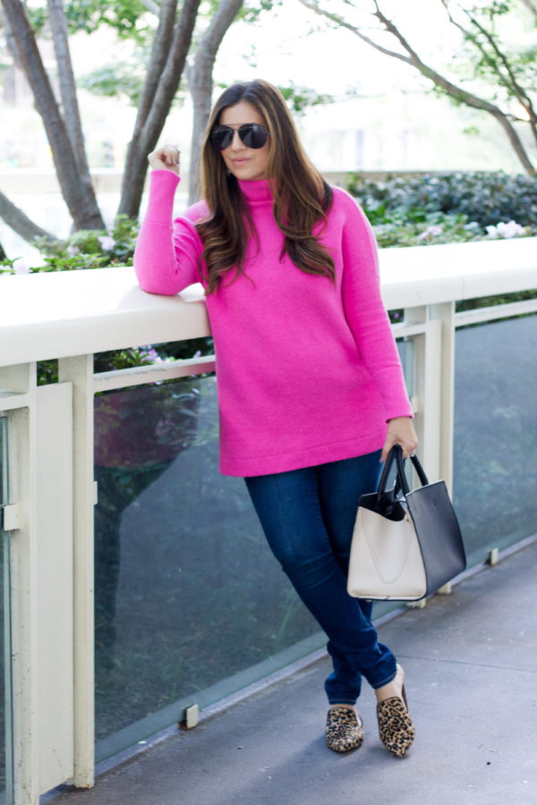 Bright Pink Sweater _ Leopard Flats_ Winter Style Inspo_ Fall Fashion Inspo