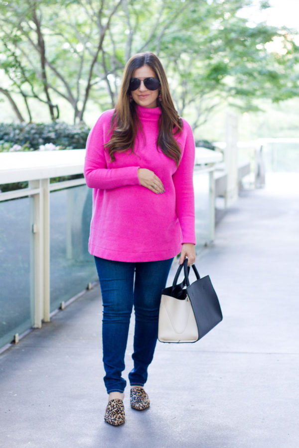 Free People Bright Pink Sweater with leopard mules _ styled by Jaime Cittadino of Sunflowers and Stilettos fashion blog