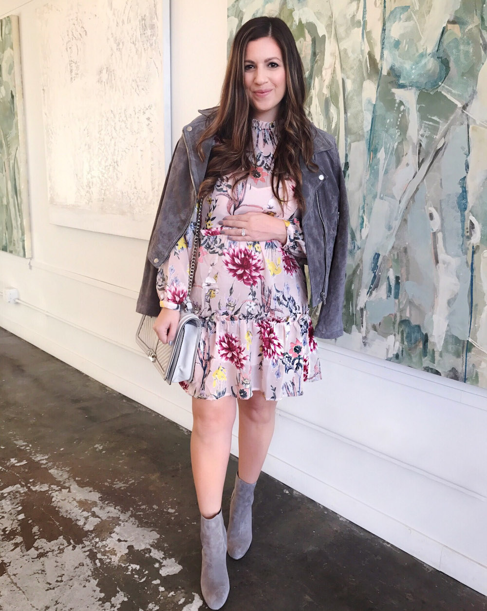 floral dress, suede moto jacket, grey suede booties