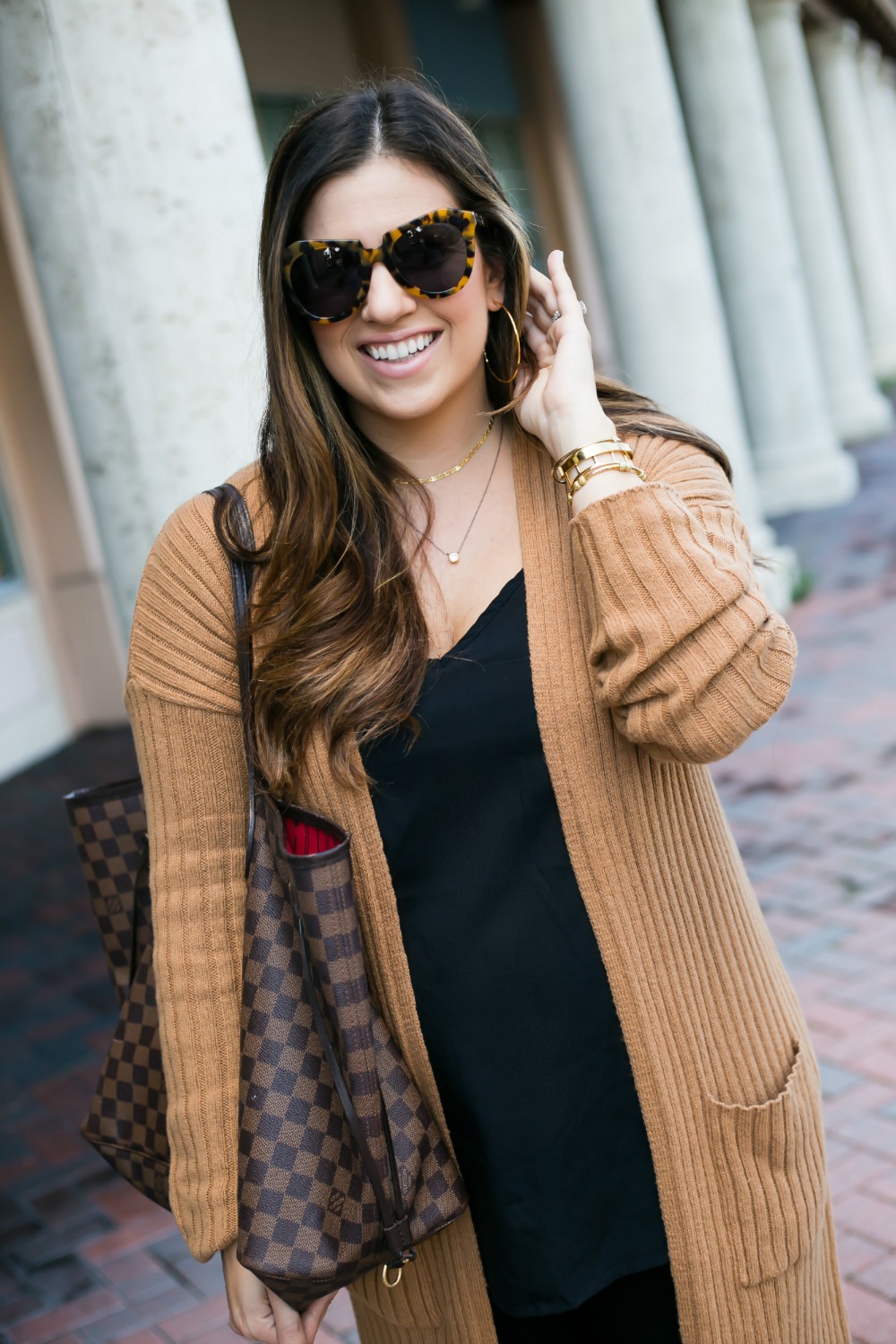 camel cardigan, Karen Walker Number One Sunglasses, Argento Vivo Jewelry