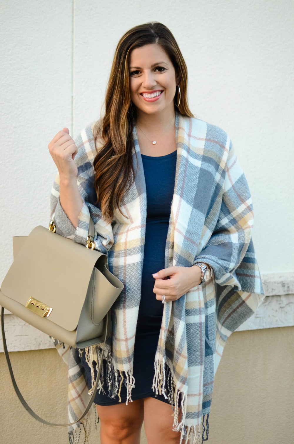 plaid cape, maternity style, plaid blanket scarf, worn by Jaime Cittadino of Sunflowers and Stilettos fashion blog