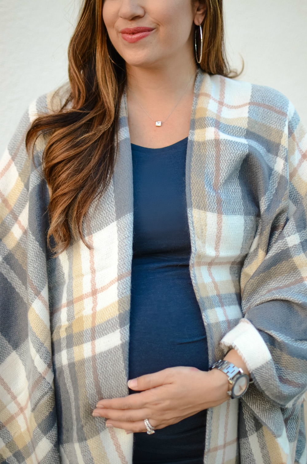 plaid scarf poncho, plaid blanket scarf,  Argento vivo jewelry, cotton body con dress, maternity style