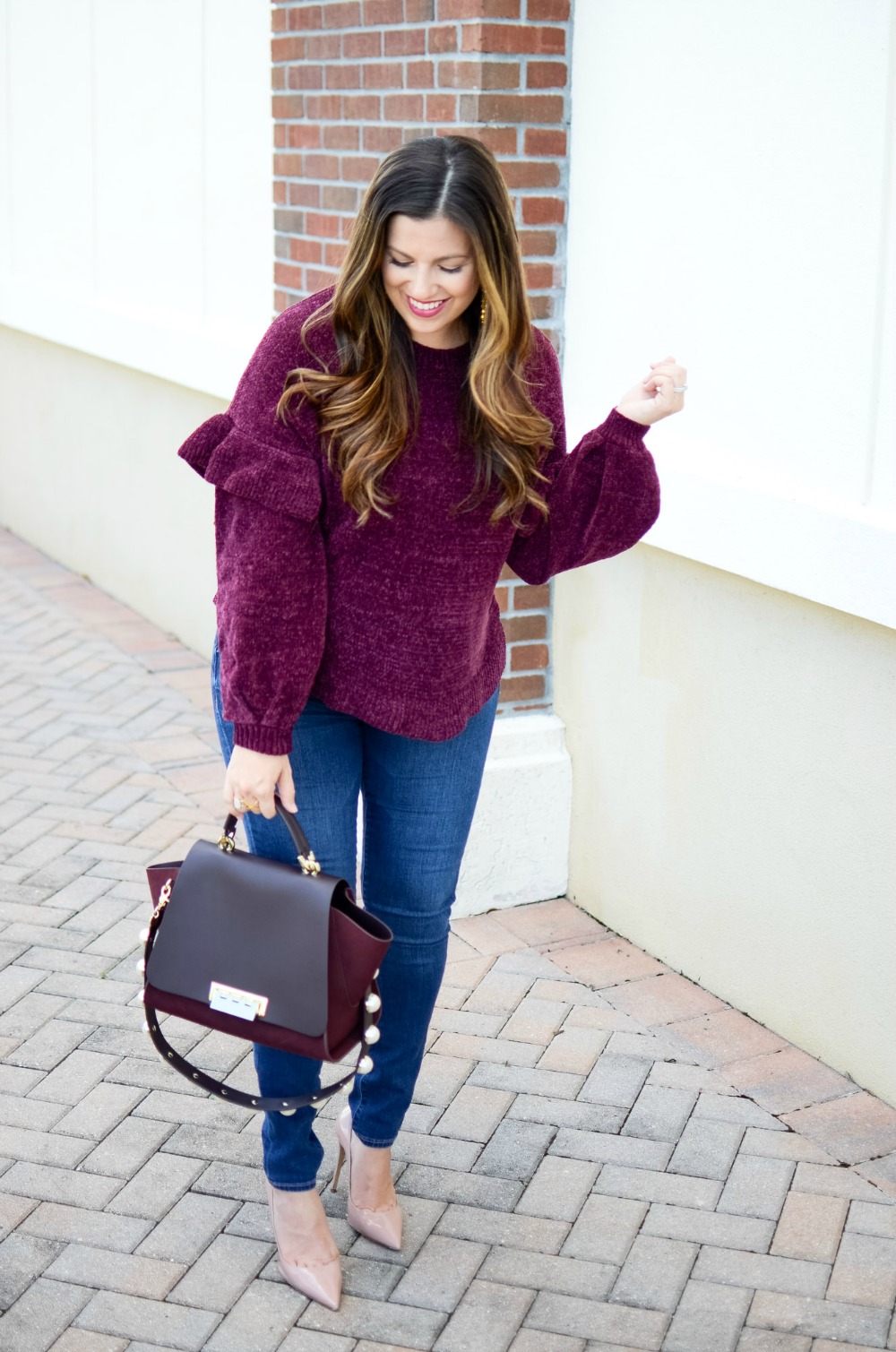 ruffle sleeve sweater, skinny jeans, nude pumps