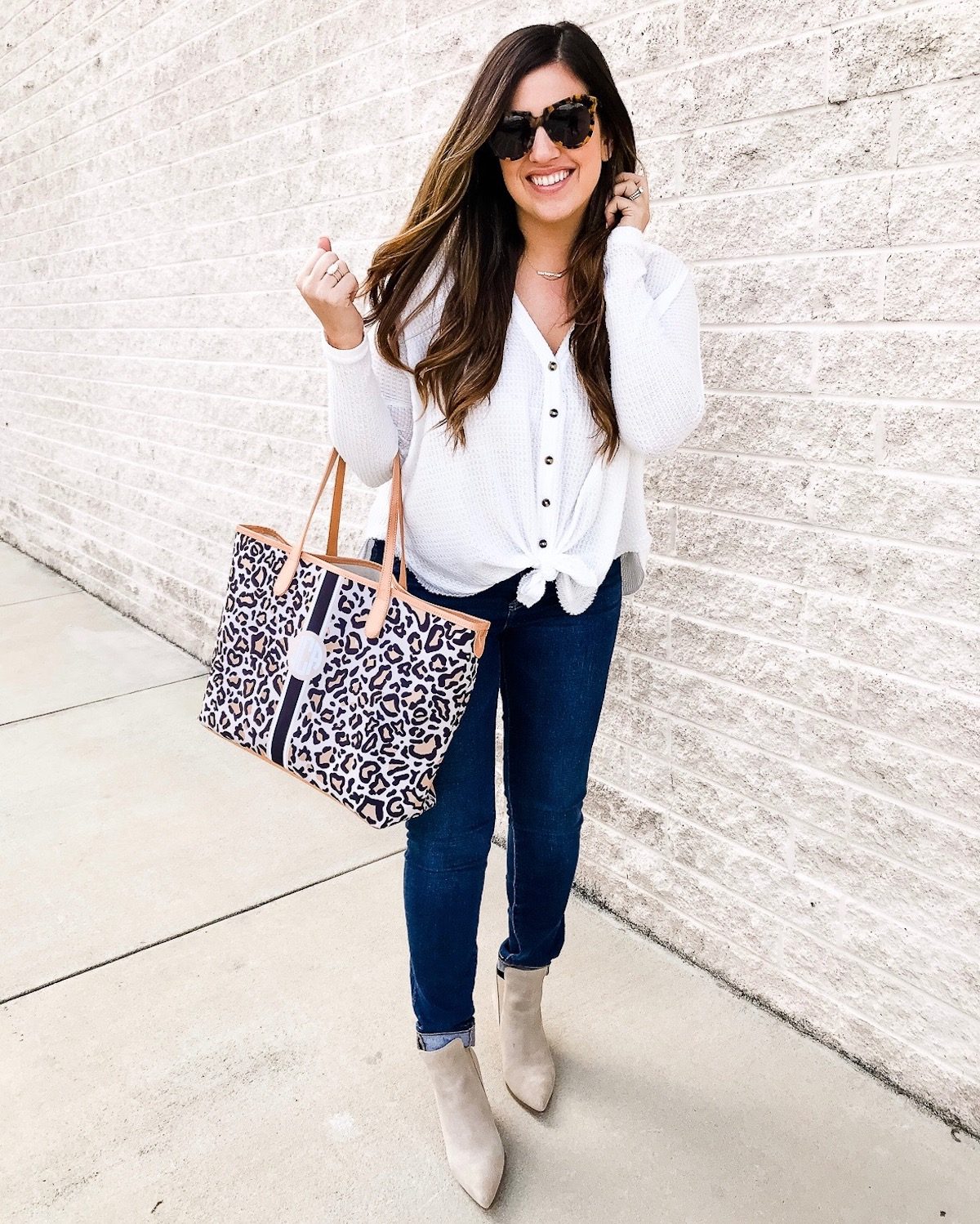 Barrington Gifts St Anne Tote, Leopard Diaper Bag Tote worn by Jaime Cittadino of Sunflowers and Stilettos blog 