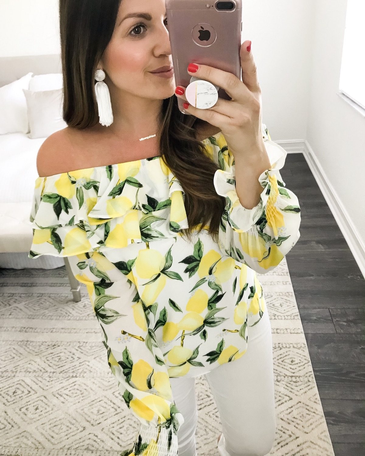 lemon top, off shoulder lemon top, one shoulder lemon top, white tassel earrings