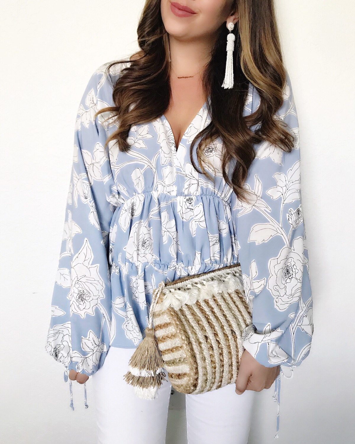 blue floral top, woven basket clutch, woven straw clutch, baublebar beaded tassel earrings