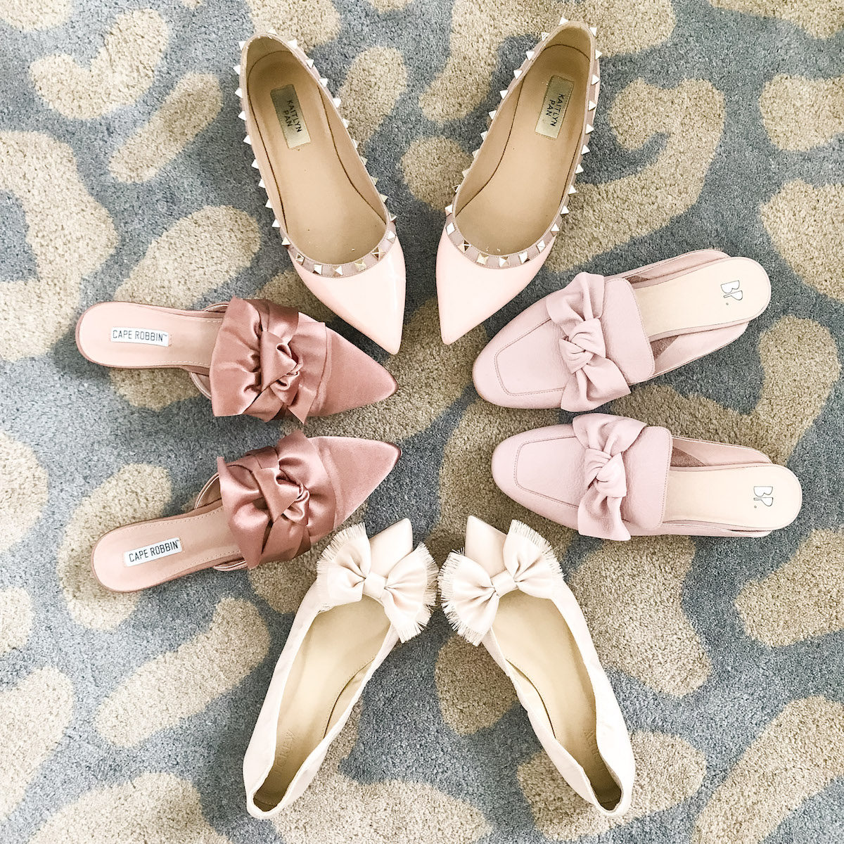 blush bow flats, Valentino Rockstud dupes, pink flats, pink mules, pink bow mules