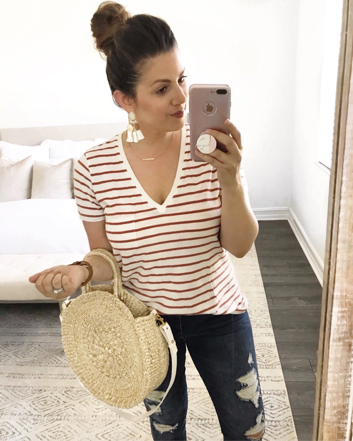 Clare V circle straw bag, striped v neck tee, casual cute outfit