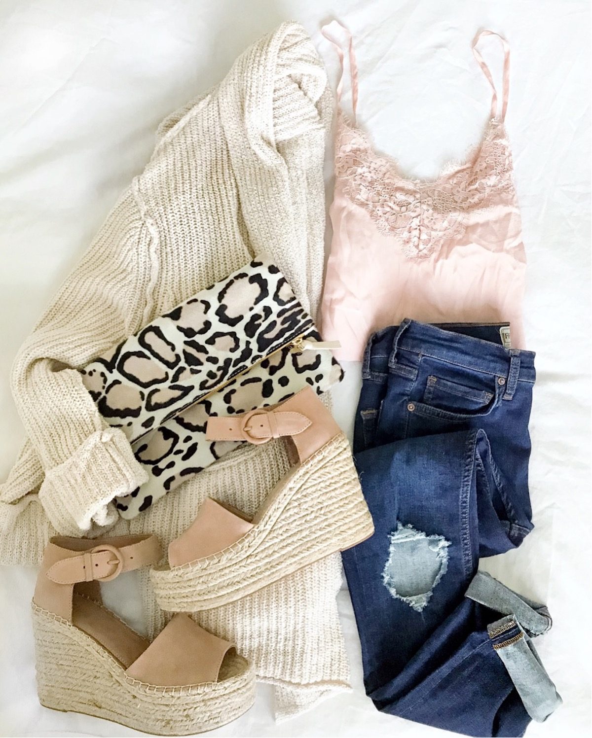 Clare V snow leopard clutch, Marc Fisher wedges, lace cami, cute casual outfit