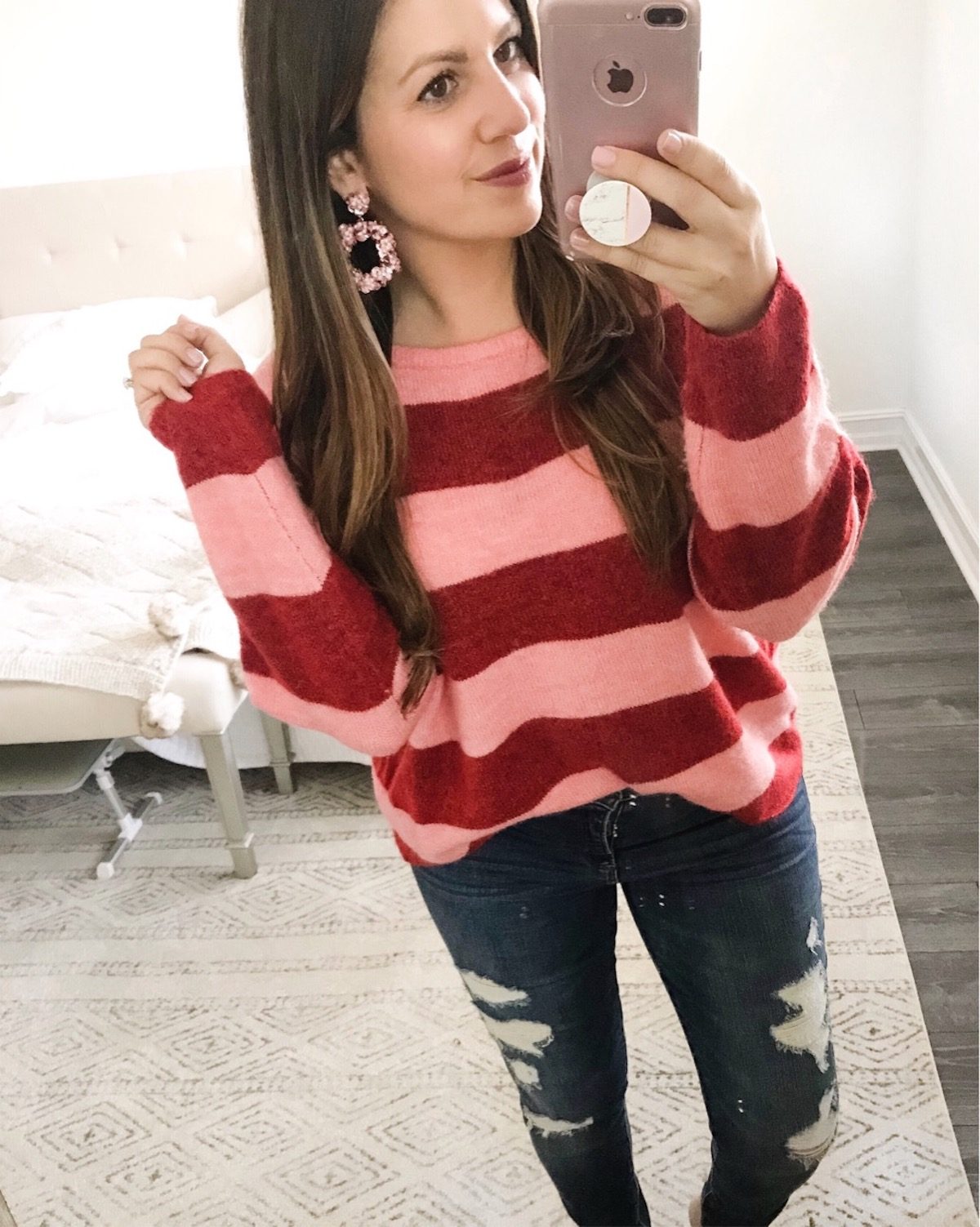 pink and red striped sweater, Baublebar Statement earrings, casual chic outfit