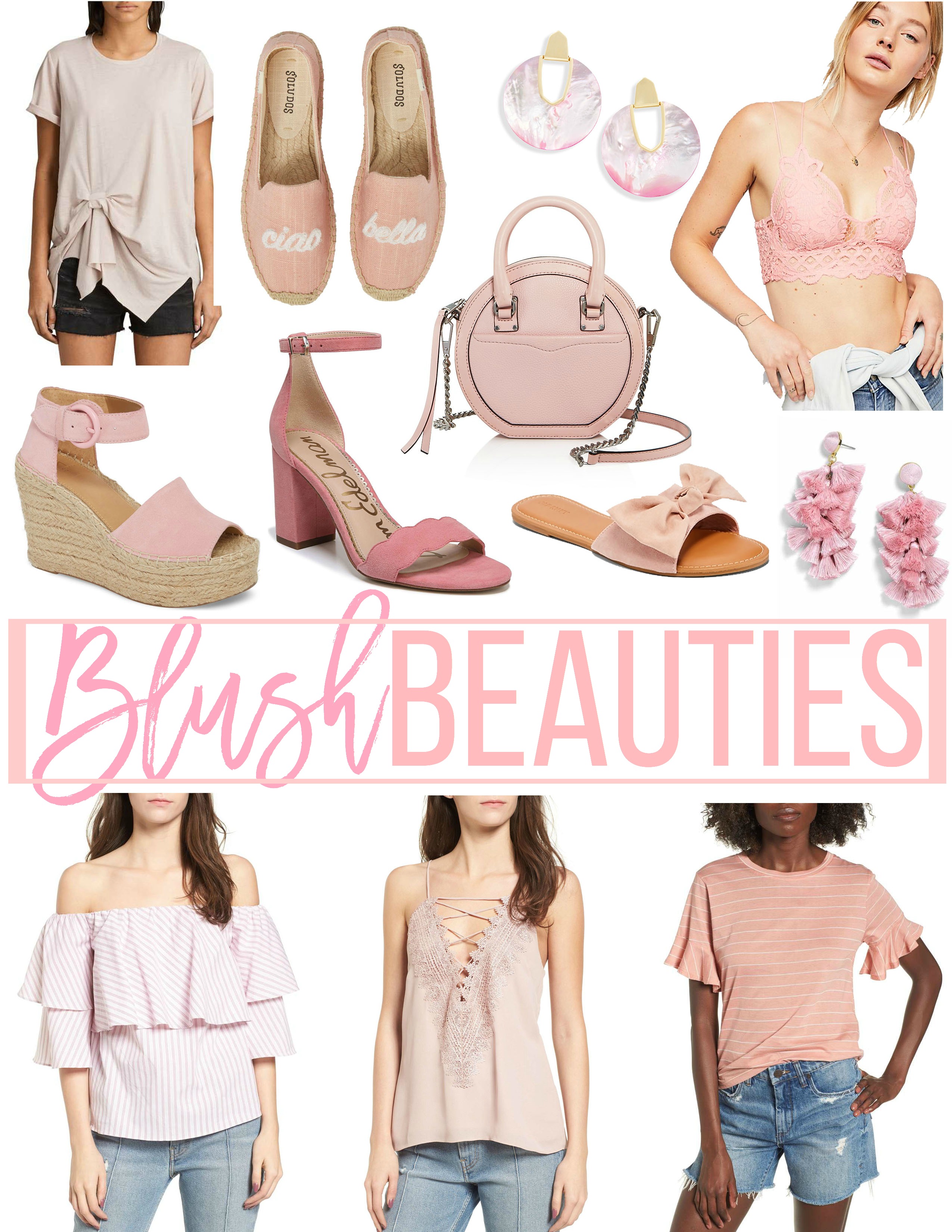 blush pink tops, blush pink earrings, blush pink shoes, blush beauties by Jaime Cittadino of Sunflowers and Stilettos blog