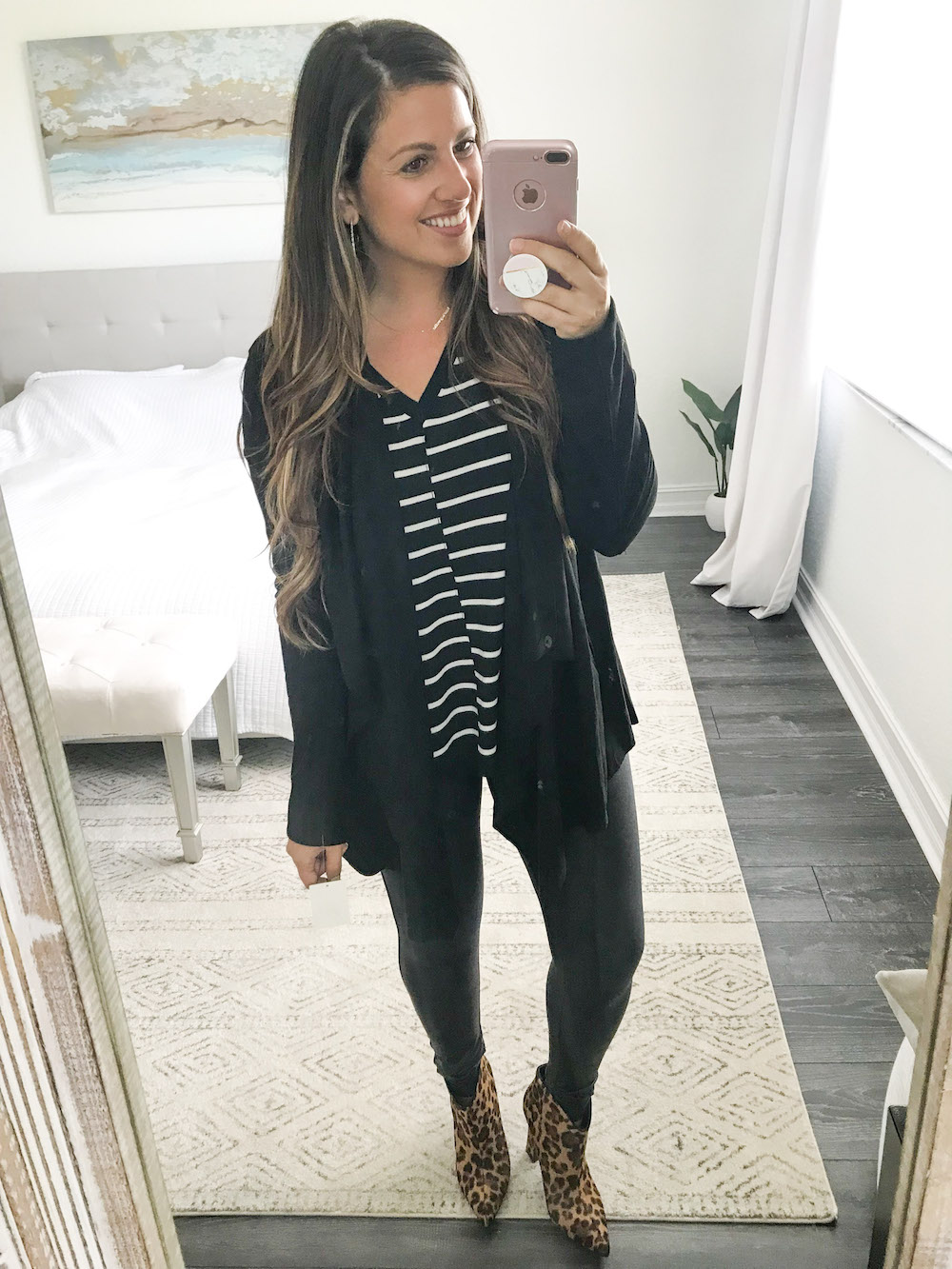 calson stripe top, blanknyc jacket, spanx leggings