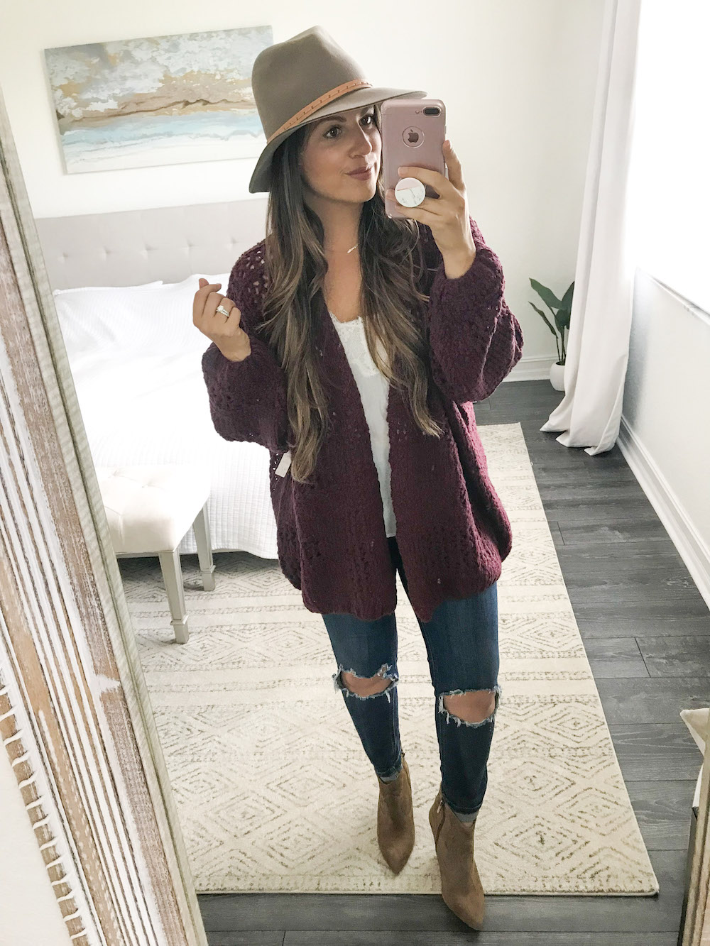 free people saturday morning cardigan, free people busted knees denim, rag and bone fedora