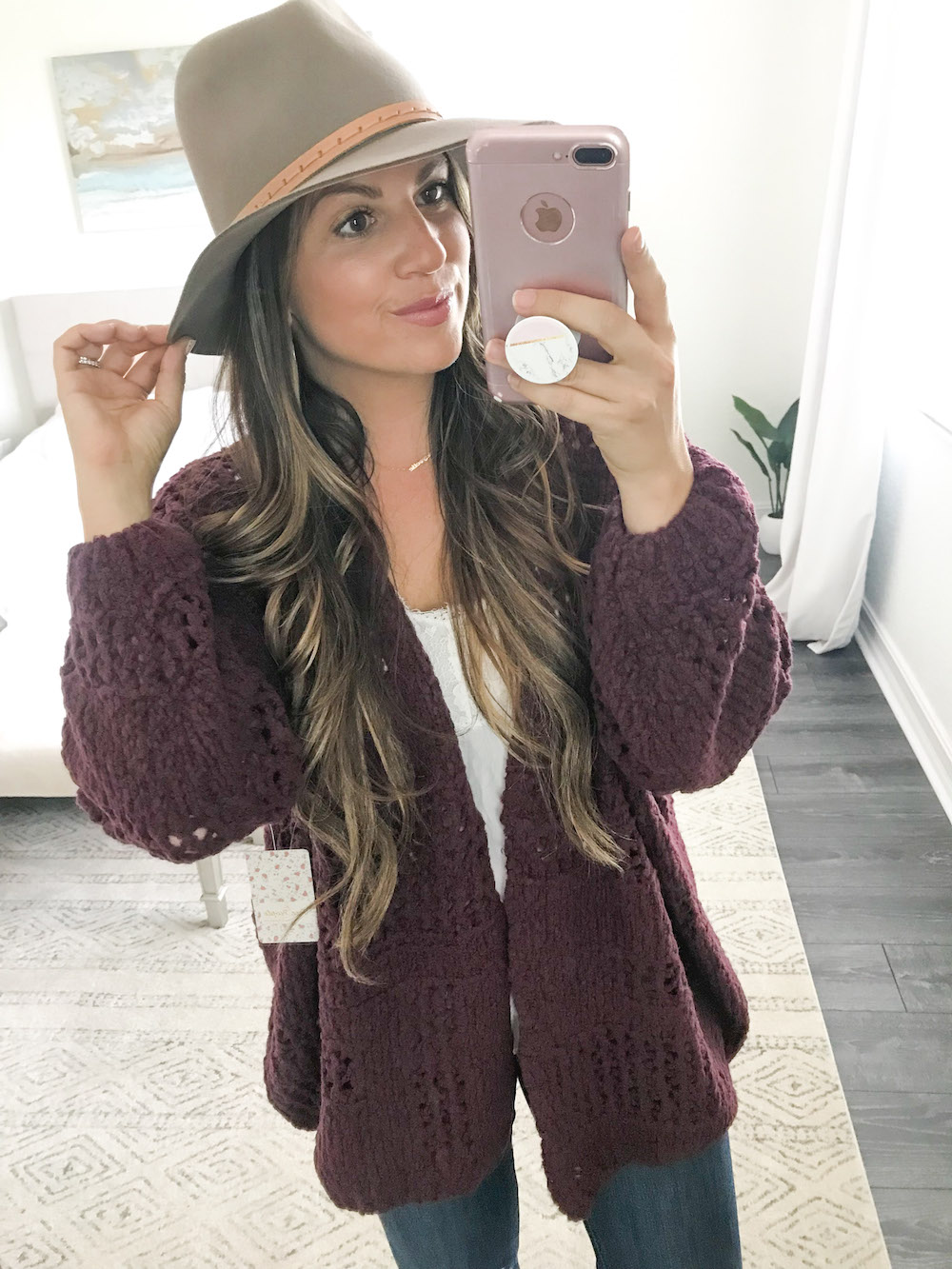 free people saturday morning cardigan, free people busted knees denim, rag and bone fedora